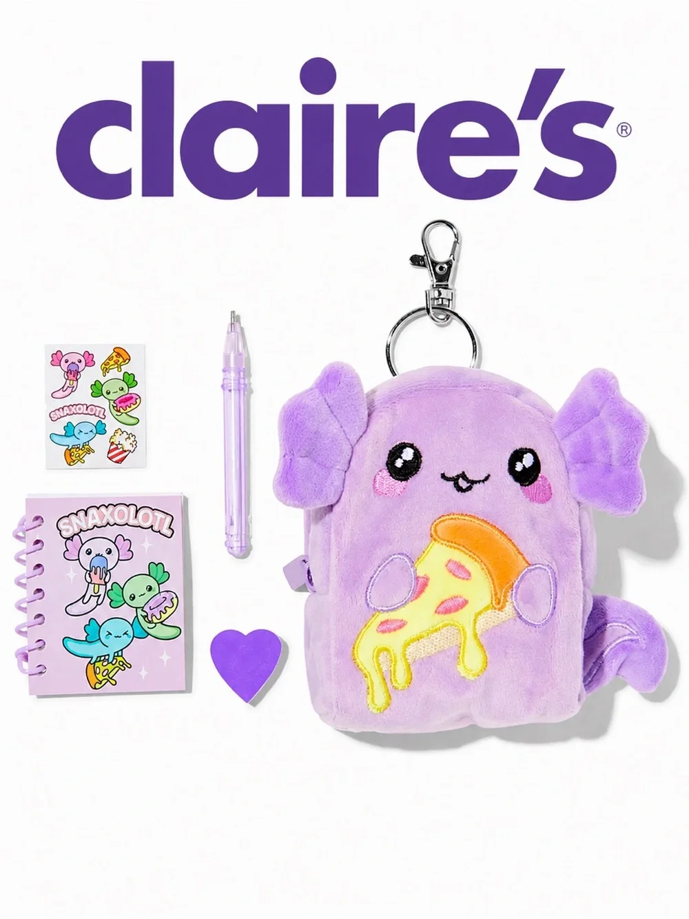 Claire’s Pizza Axolotl 4” Backpack Stationery Set | Plush Keychain NWT